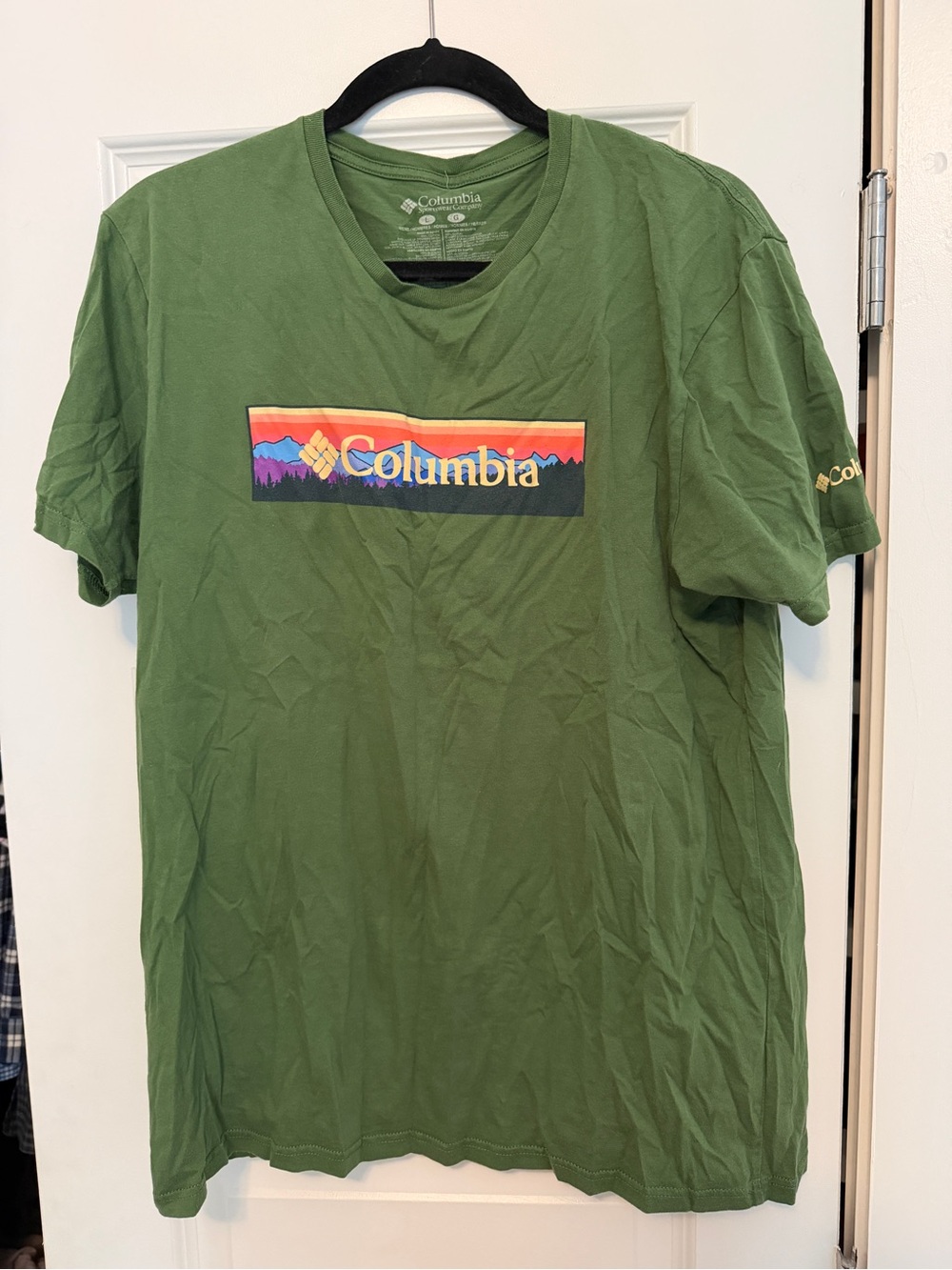 Columbia Green Short Sleeve Logo Tee with Sunset Graphic